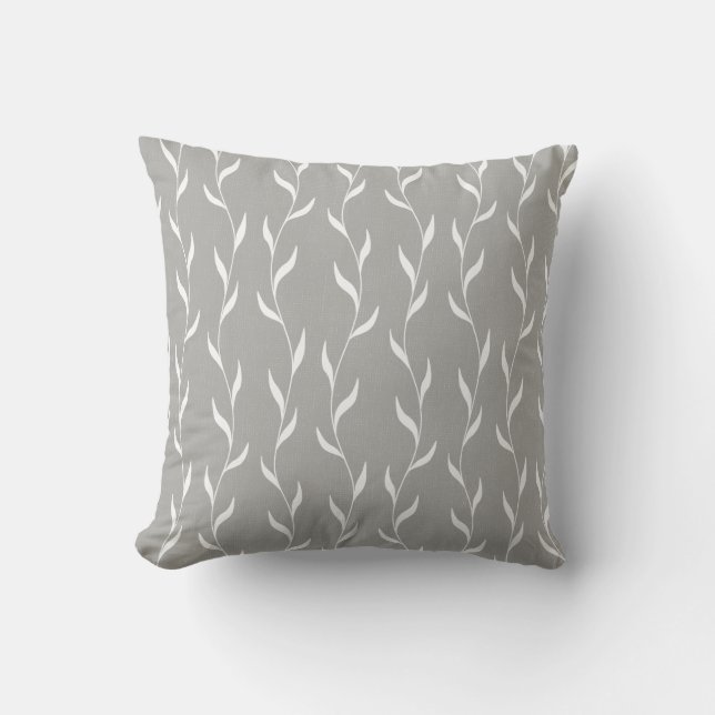White Floral Leaves Botanical Pattern on Grey Cushion (Front)