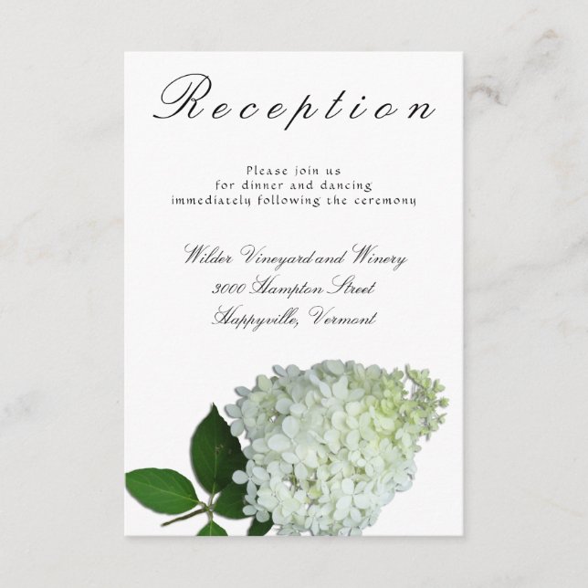 White Floral Limelight Hydrangea Wedding Reception Enclosure Card (Front)