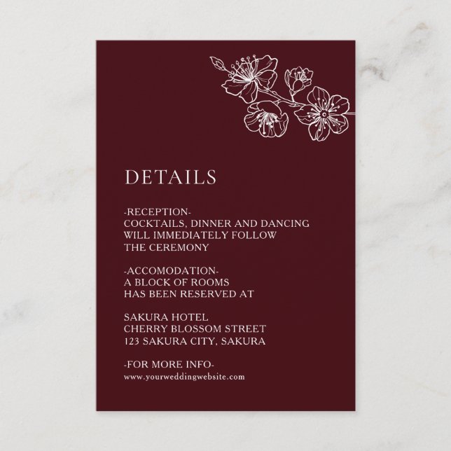 White Floral Line Art Burgundy Wedding Enclosure Card (Front)