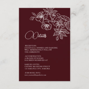 White Floral Line Art Burgundy Wedding Enclosure Card