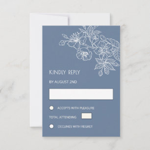 White Floral Line Art Dusty Blue Wedding RSVP Card