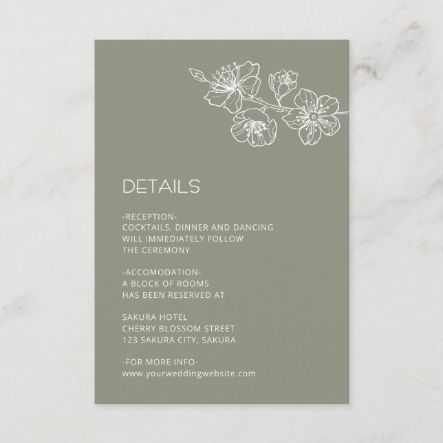 White Floral Line Art Sage Green Wedding Enclosure Card (Front)