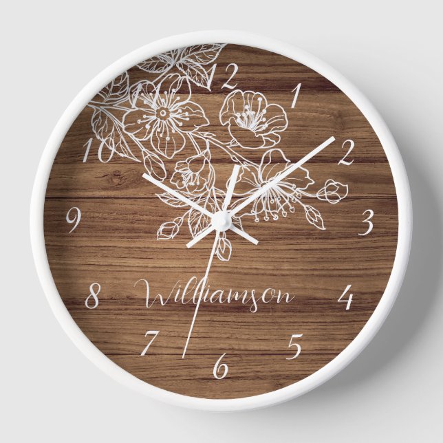 White Floral Line Art Wood Background Monogram Clock (Front)