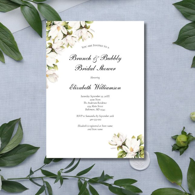White Floral Magnolia Bridal Brunch Bubbly Shower Invitation (White Magnolia Floral Elegant Bridal Shower invitation, Printed or Instant digital download)