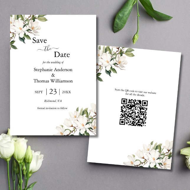 White Floral Magnolias Greenery QR code Wedding Save The Date (Elegant Classic White Magnolia Floral Greenery QR code Wedding Save the Date Card)