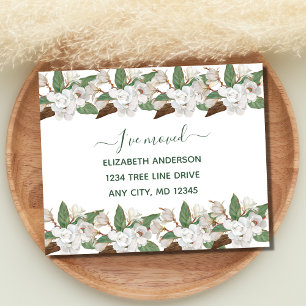 White Floral Magnolias Script Moving Announcement Postcard