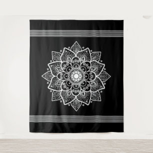 White Floral Mandala Black Background Tapestry