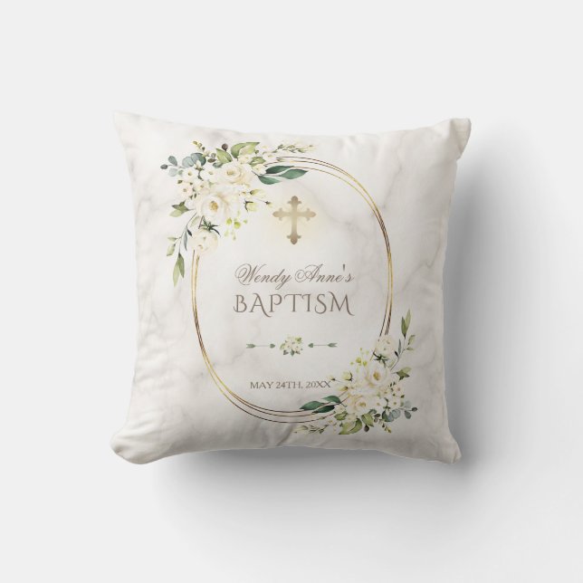 White Floral Marble Gold Cross Baptism Monogram Cushion (Front)