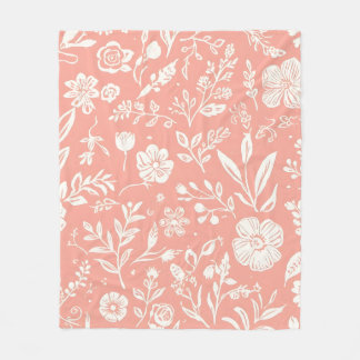 White Floral Meadow on Coral Pink Fleêc Blanket