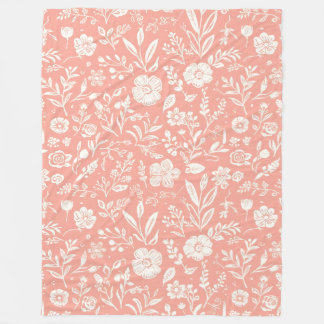 White Floral Meadow on Coral Pink Fleece Blanket