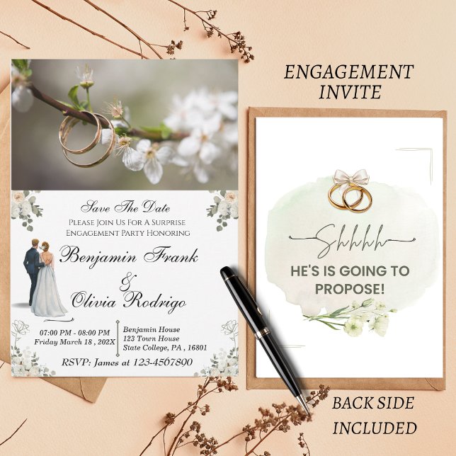 White Floral Minimalist Surprise Engagement Invite (Creator Uploaded)