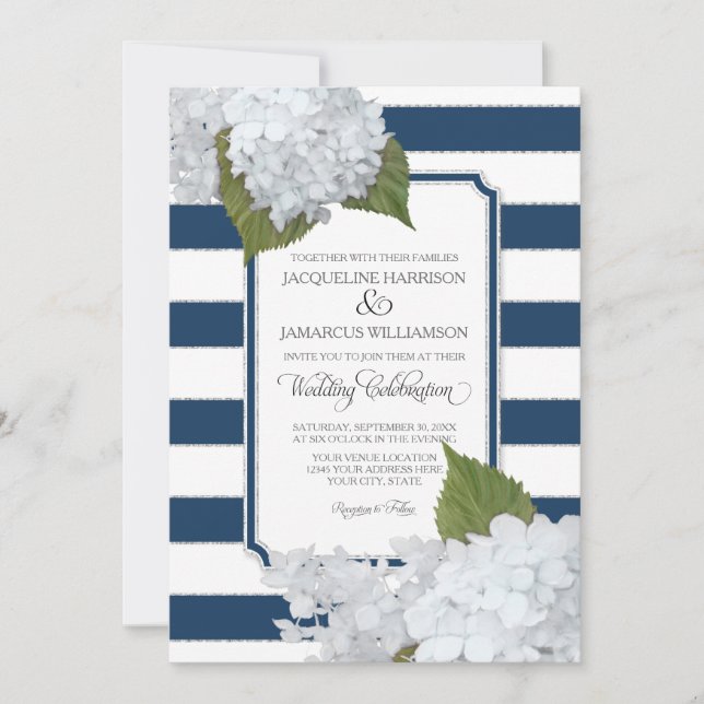 White Floral Modern Elegant Navy White Stripe Invitation (Front)