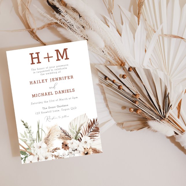 White Floral Monogram Boho Wedding Invitation (Creator Uploaded)