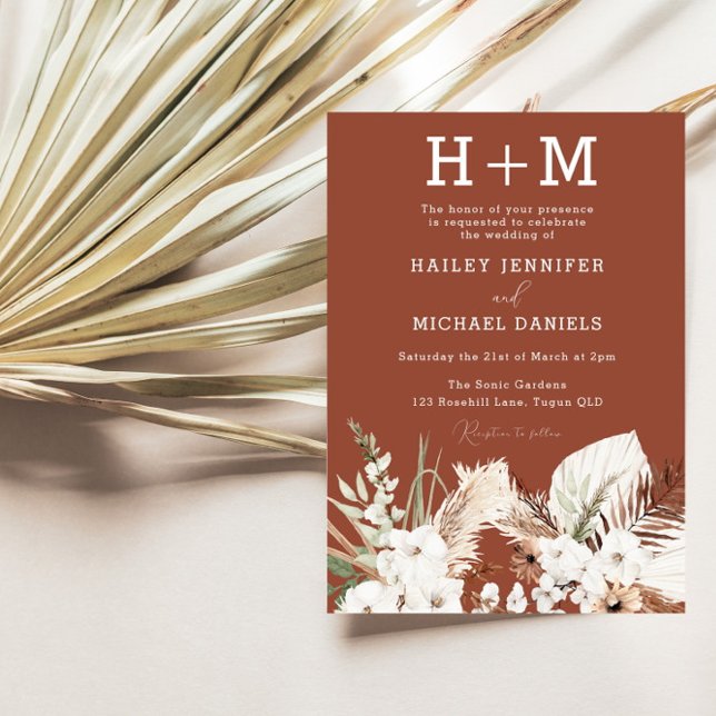 White Floral Monogram Terracotta Boho Wedding  Invitation (Creator Uploaded)