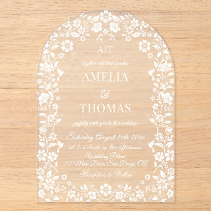 White Floral Monogram Wedding Acrylic Invitations