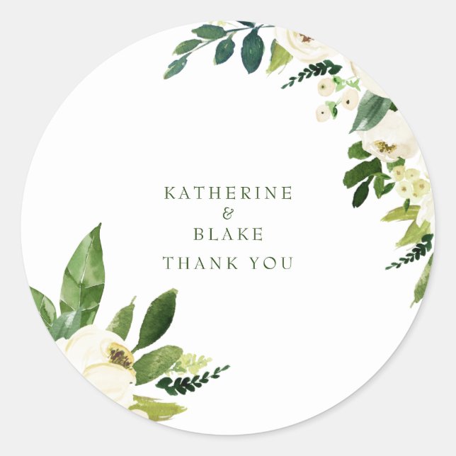 White Floral Names Wedding Thank You Classic Round Sticker (Front)