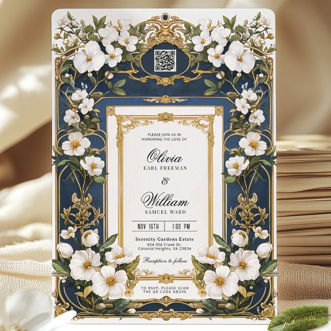 White Floral Navy Blue & Gold Wedding Invitation  (Creator Uploaded)