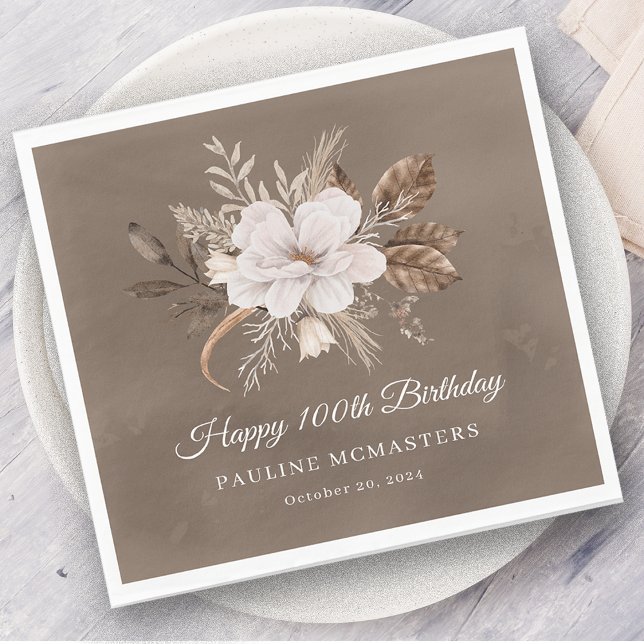 White Floral Neutral Fall 100th Birthday Napkin (Creator Uploaded)
