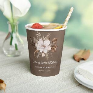 White Floral Neutral Fall 100th Birthday Paper Cups