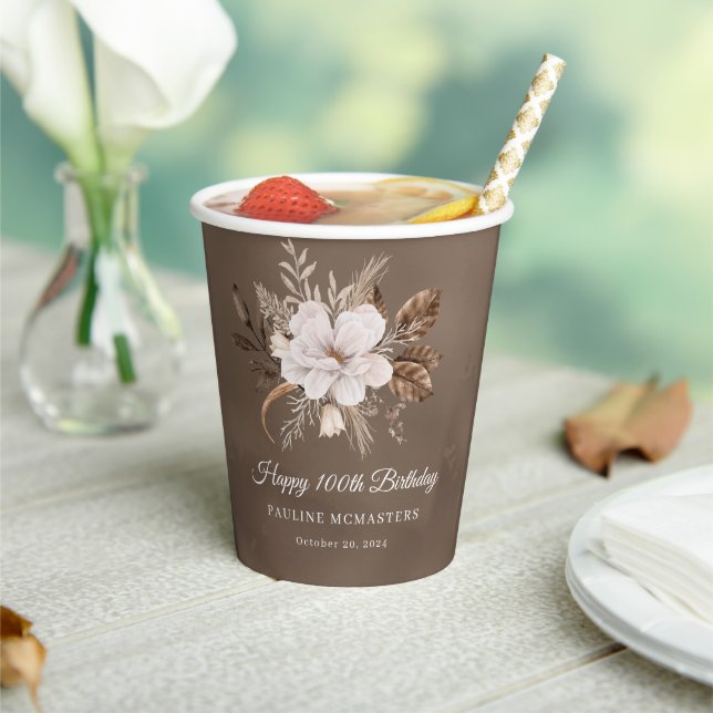 White Floral Neutral Fall 100th Birthday Paper Cups (Insitu)