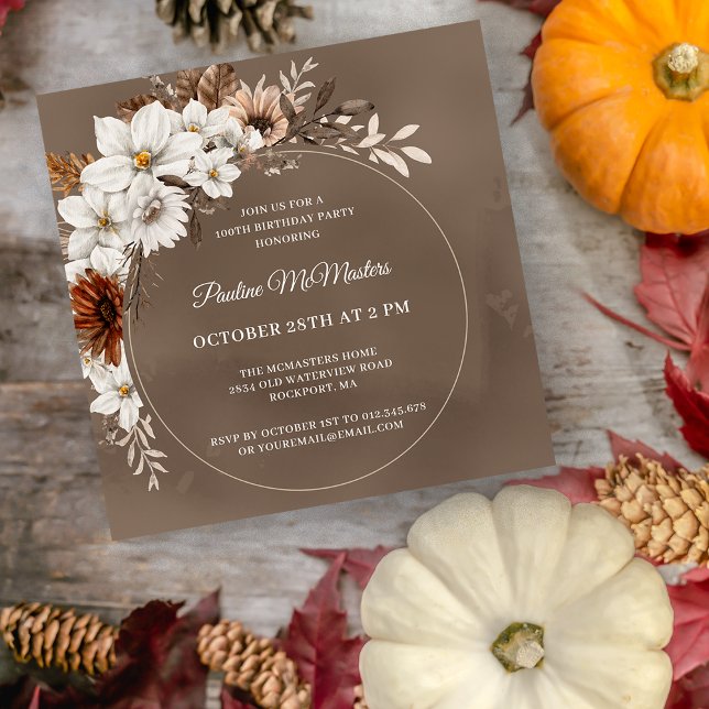 White Floral Neutral Fall 100th Birthday Square Invitation (Creator Uploaded)