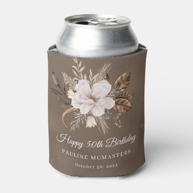 White Floral Neutral Fall 50th Birthday Can Cooler (Can Front)