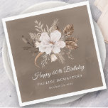 White Floral Neutral Fall 60th Birthday Napkin<br><div class="desc">A beautiful bouquet of white flowers and neutral fall leaves decorate this 60th birthday napkin. The grey, taupe, and white foliage create an elegant and chic autumnal display that frame the white flowers perfectly. Happy 60th birthday is written below the flowers in a traditional and classic script. Two additional lines...</div>