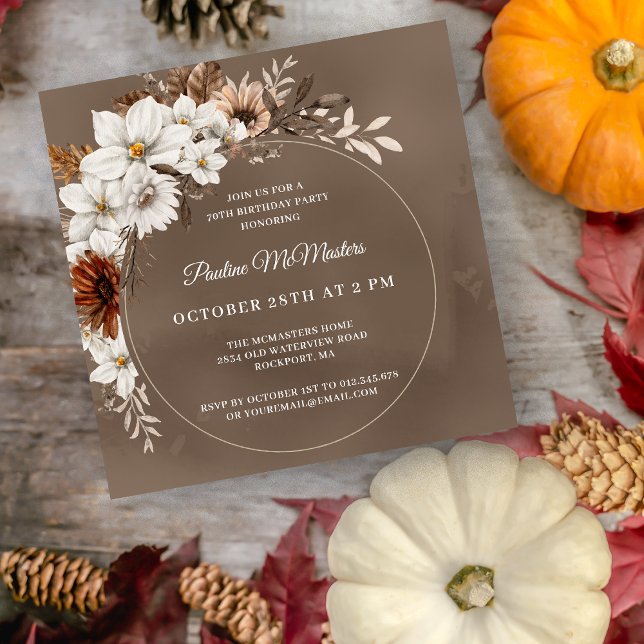 White Floral Neutral Fall 70th Birthday Square Invitation (Creator Uploaded)