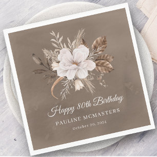 White Floral Neutral Fall 80th Birthday Napkin