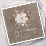 White Floral Neutral Fall 90th Birthday Napkin<br><div class="desc">A beautiful bouquet of white flowers and neutral fall leaves decorate this 90th birthday napkin. The grey, taupe, and white foliage create an elegant and chic autumnal display that frame the white flowers perfectly. Happy 90th birthday is written below the flowers in a traditional and classic script. Two additional lines...</div>