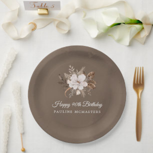 White Floral Neutral Fall 90th Birthday Paper Plate