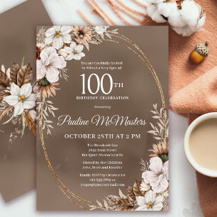 White Floral Neutral Fall Bouquet 100th Birthday  Invitation