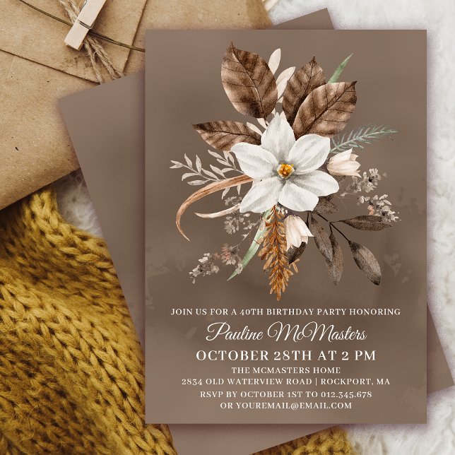 White Floral Neutral Fall Bouquet 40th Birthday  Invitation (Need a matching fall Welcome sign? Message me!)