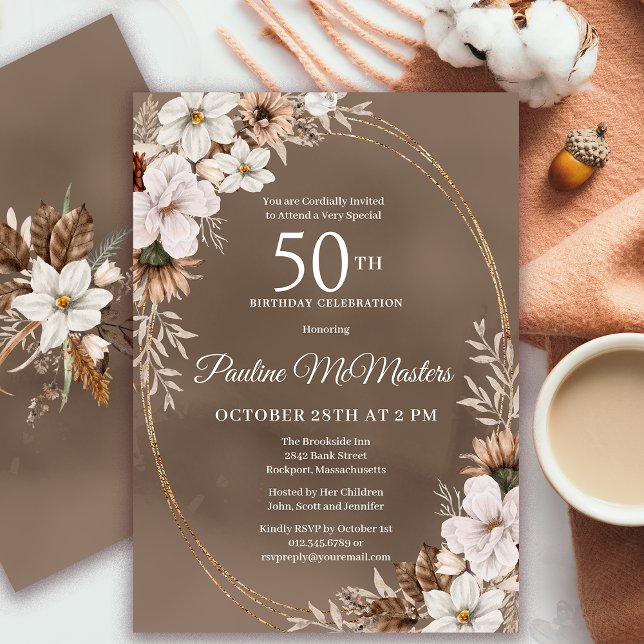 White Floral Neutral Fall Bouquet 50th Birthday  Invitation (Need a matching fall Welcome Sign? Message me! Party supplies available too!)