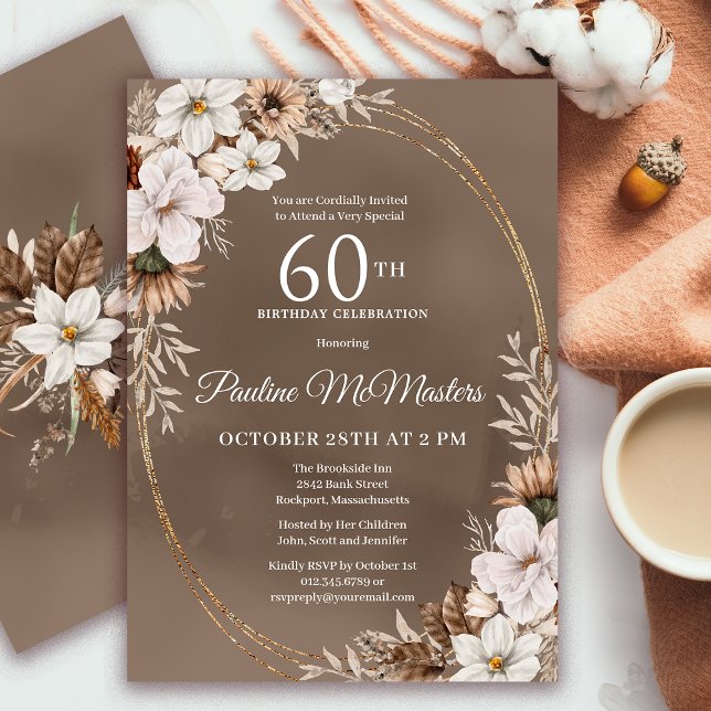 White Floral Neutral Fall Bouquet 60th Birthday  Invitation (Need a matching fall Welcome Sign? Message me! Party supplies available too!)