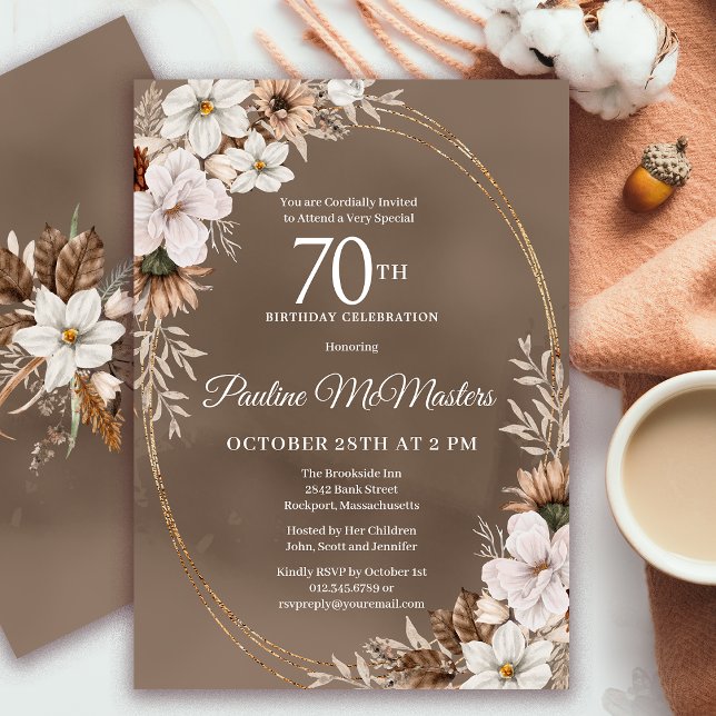 White Floral Neutral Fall Bouquet 70th Birthday  Invitation (Need a matching fall Welcome sign? Message me! Party supplies available too!)