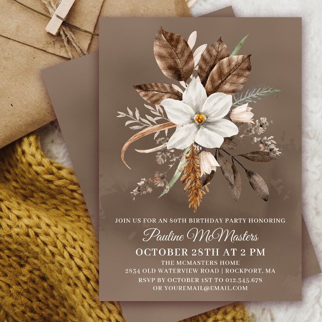 White Floral Neutral Fall Bouquet 80th Birthday  Invitation (Need a matching fall Welcome Sign? Message me!)