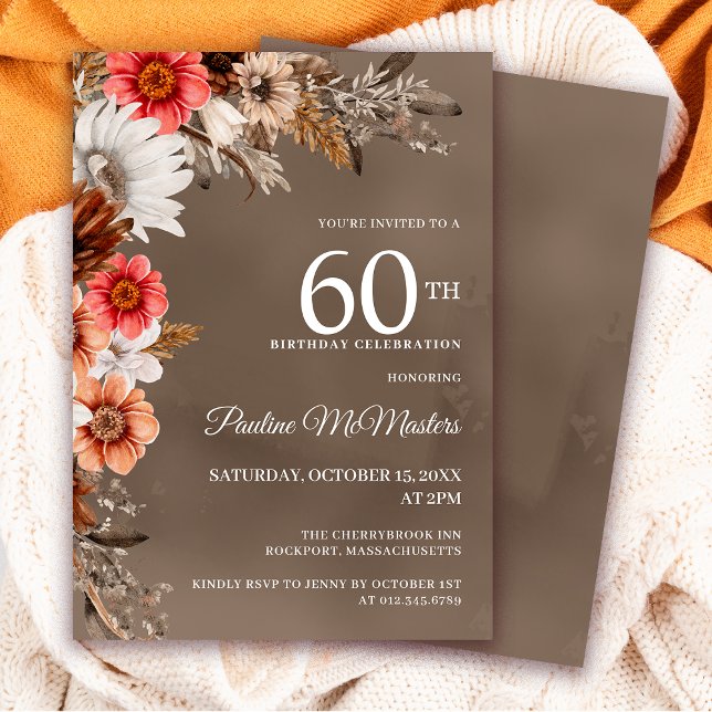 White Floral Neutral Fall Flowers 60th Birthday Invitation (Need matching autumn signs or party supplies? Message me!)