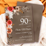 White Floral Neutral Fall Flowers 90th Birthday Invitation<br><div class="desc">Sophisticated white fall flowers are surrounded by neutral grey,  brown and black leaves. Pink and red flowers add pops of colour to bright it up. The white text is a chic combination of upright lettering and calligraphy text. The taupe watercolor background frames them all perfectly.</div>