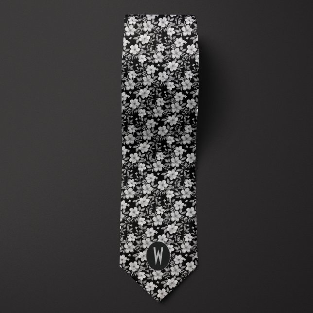 White Floral on Black Neck Tie (Creator Uploaded)