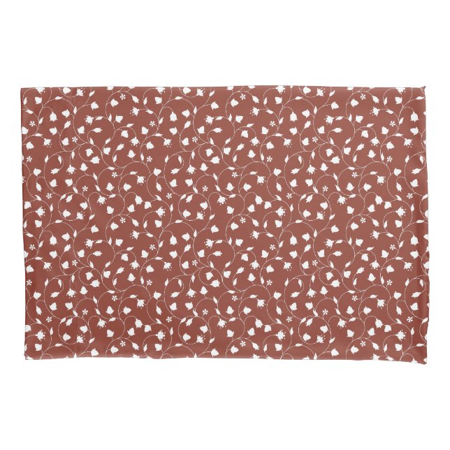 White Floral on Burnt Umber Pillowcase (Front-Left)