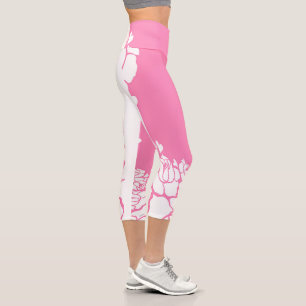 White Floral On Pink Capri Leggings