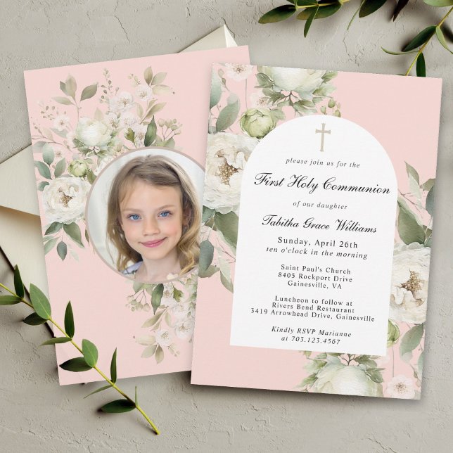 White Floral on Pink First Holy Communion Invitation (Creator Uploaded)