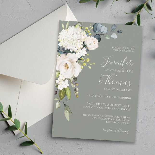 White Floral on Sage Green Elegant Wedding Invitation (Creator Uploaded)