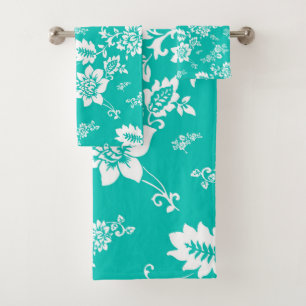 White Floral on Turquoise Background Bath Towel Set