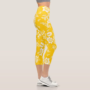 White Floral on Yellow Spring Background Capri Leggings