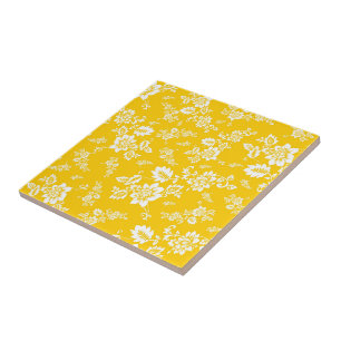 White Floral on Yellow Spring Background Tile