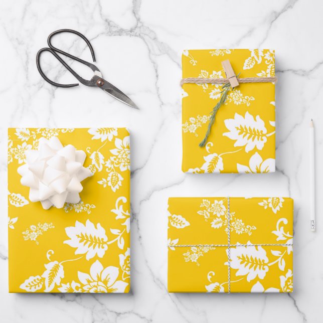 White Floral on Yellow Spring Background Wrapping Paper Sheet (Front)