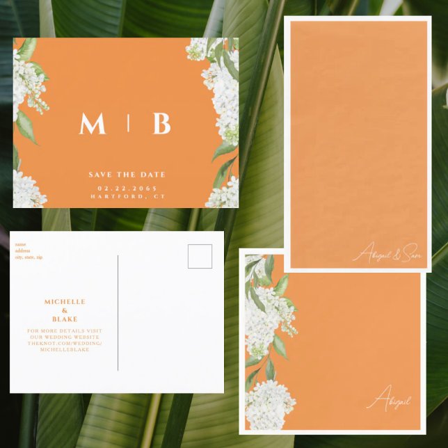 White Floral Orange Monogram Wedding Save Date  Postcard (Creator Uploaded)