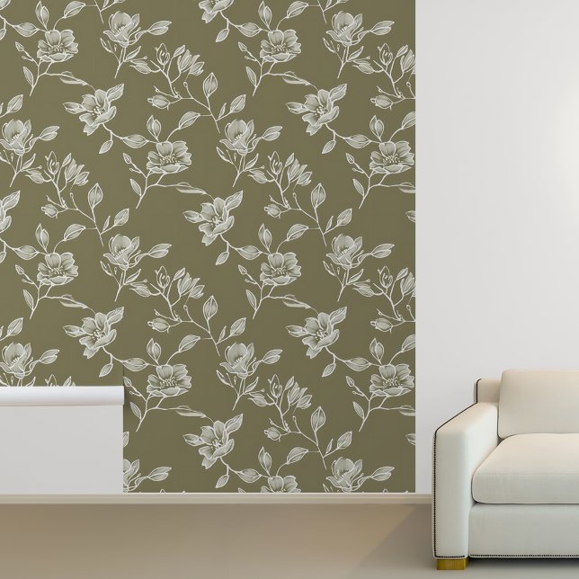 White Floral Outline on Olive green Wallpaper (Creator Uploaded)